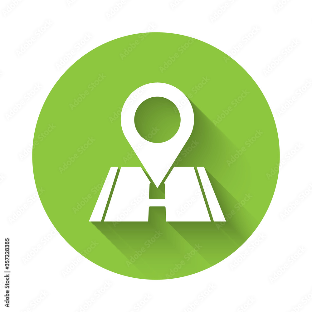 White Map pin icon isolated with long shadow. Navigation, pointer, location, map, gps, direction, place, compass, search concept. Green circle button Vector Illustration White Map pin icon isolated with long shadow. Navigation, pointer, location, map, gps, direction, place, compass, search concept. Green circle button Vector Illustration