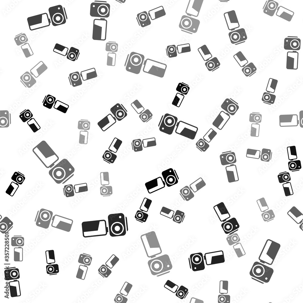 Black Cinema camera icon isolated seamless pattern on white background. Video camera. Movie sign. Film projector. Vector Illustration. Black Cinema camera icon isolated seamless pattern on white background. Video camera. Movie sign. Film projector. Vector Illustration.