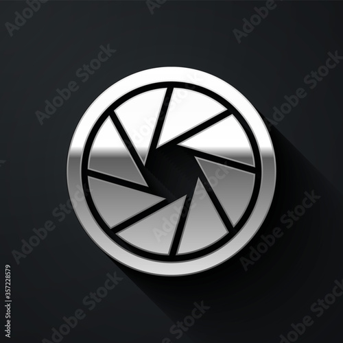Silver Camera shutter icon isolated on black background. Long shadow style. Vector Illustration.