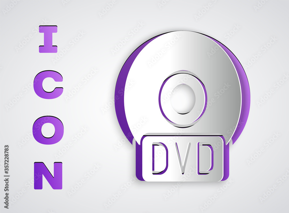 Paper cut CD or DVD disk icon isolated on grey background. Compact disc sign. Paper art style. Vector Illustration.
