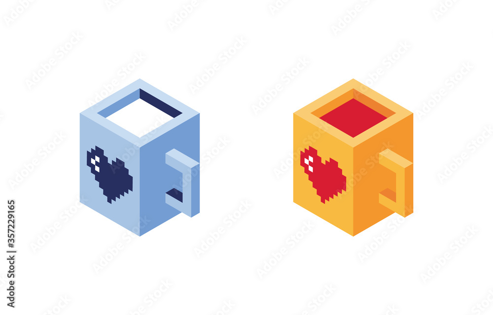 Obraz premium Vector illustration in poly low style. Isometric cup with a drink. Juice, tea, coffee, milk. Pixel art. Set. Heart in pixels. Blue, Red and Yellow. 8 bit. Eps 10 