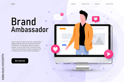 Brand ambassador illustration concept with man on the desktop screen who represent brand company. photo