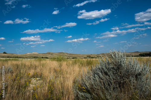 Prairie landscape in Saskatchewan. Blue sky with sparse clouds over grasslands. 