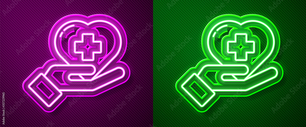 Glowing neon line Heart with a cross icon isolated on purple and green background. First aid. Healthcare, medical and pharmacy sign. Vector Illustration. Glowing neon line Heart with a cross icon isolated on purple and green background. First aid. Healthcare, medical and pharmacy sign. Vector Illustration.