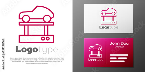 Logotype line Repair car on a lift icon isolated on white background. Repair of the underbody, suspension, wheels and engine. Logo design template element. Vector Illustration.