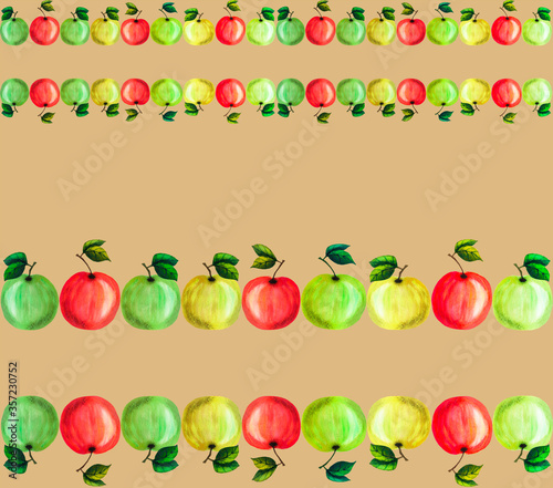 Handmade seamless watercolor fruit border witn yellow  green and red apples