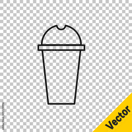 Black line Milkshake icon isolated on transparent background. Plastic cup with lid and straw. Vector Illustration.