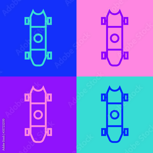 Pop art line Longboard or skateboard cruiser icon isolated on color background. Extreme sport. Sport equipment. Vector Illustration.
