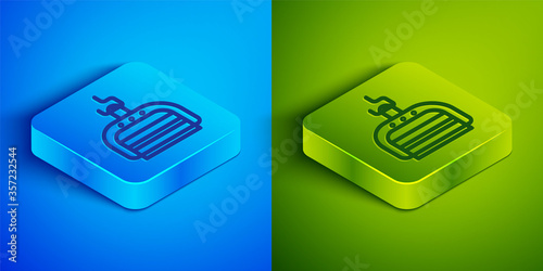 Isometric line Ski lift icon isolated on blue and green background. Square button. Vector Illustration.