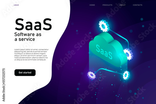Software as a Service SaaS program. IT mainframe infrastructure website header. SaaS network website design layout, cloud computing service isometric