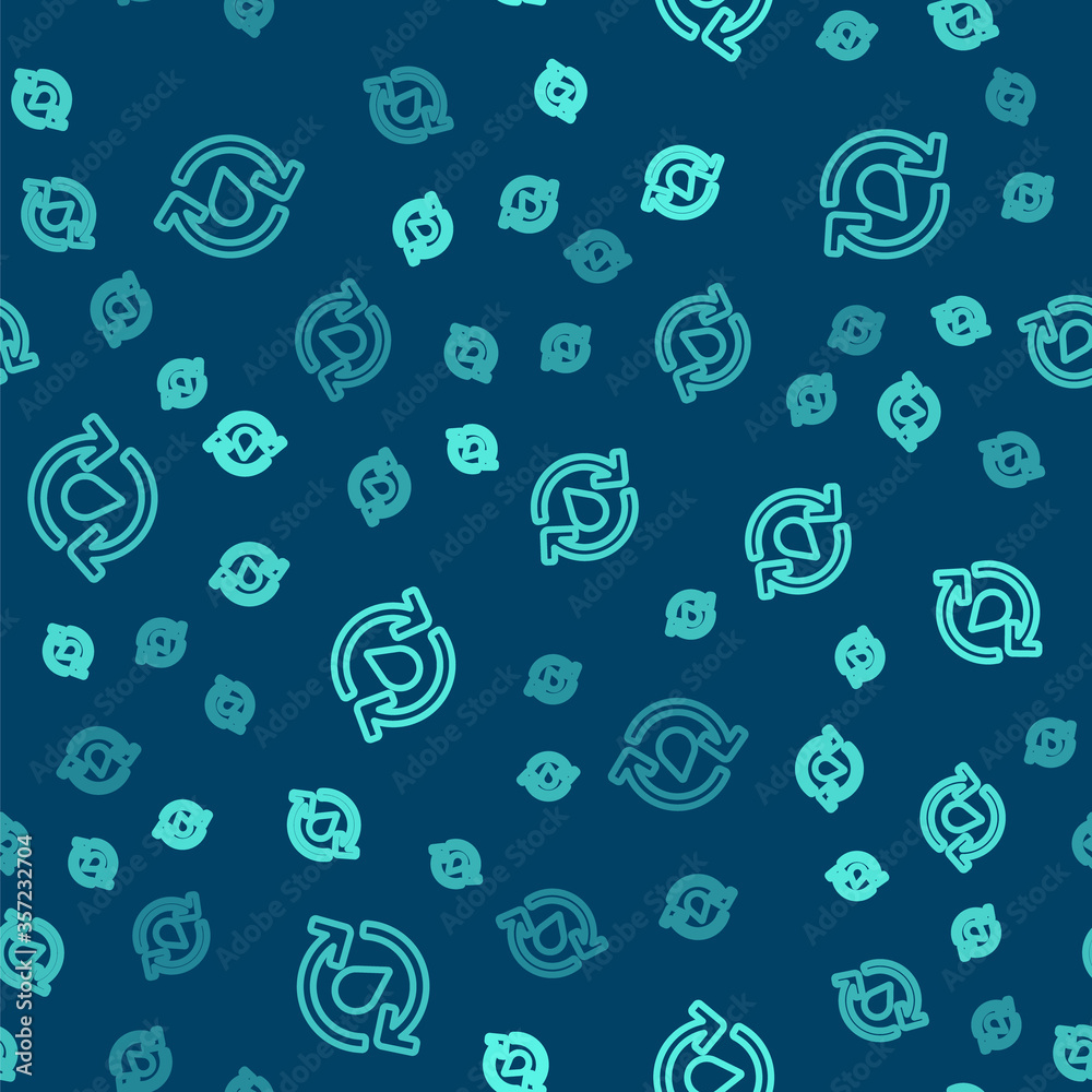 Green line Recycle clean aqua icon isolated seamless pattern on blue background. Drop of water with sign recycling. Vector Illustration. Green line Recycle clean aqua icon isolated seamless pattern on blue background. Drop of water with sign recycling. Vector Illustration.