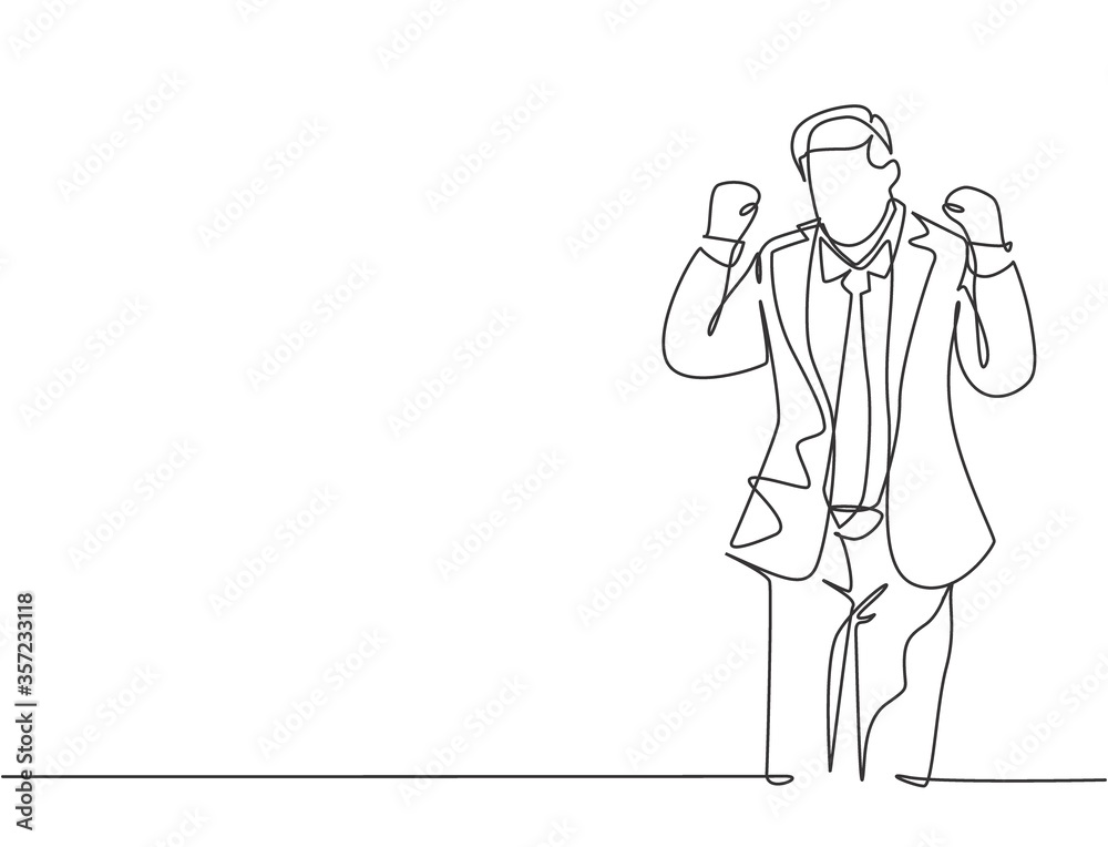 One single line drawing of young happy business man standing and fist his hands to the air to celebrate new business contract agreement. Business deal concept continuous line draw design illustration