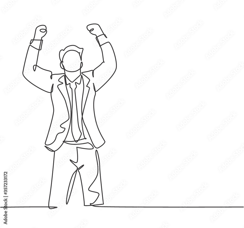One single line drawing of young happy CEO standing and fist his hands to the air to celebrate new funding from investor. Business funding concept continuous line draw design vector illustration