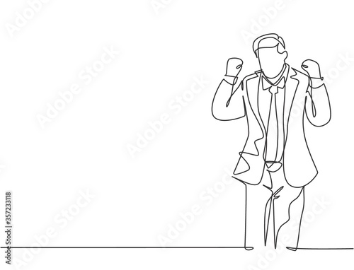 One single line drawing of young happy business man standing and fist his hands to the air to celebrate new business contract agreement. Business deal concept continuous line draw design illustration