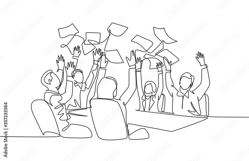 One single line drawing of young male and female stockbroker celebrate their success win on the stock exchange. Stock exchange business concept continuous line draw design graphic vector illustration One single line drawing of young male and female stockbroker celebrate their success win on the stock exchange. Stock exchange business concept continuous line draw design graphic vector illustration
