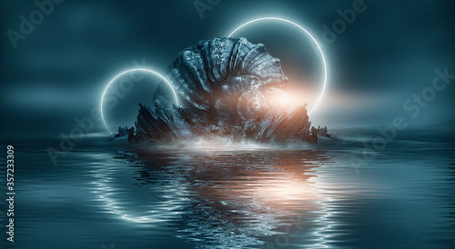 Futuristic night landscape with abstract landscape and island, moonlight, shine. Dark natural scene with reflection of light in the water, neon blue light. Dark neon background.