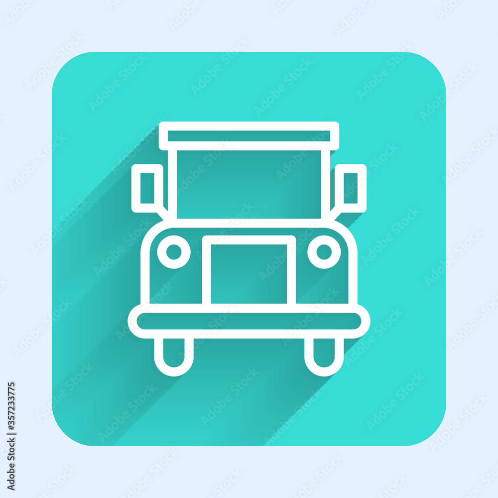 White line School Bus icon isolated with long shadow. Public transportation symbol. Green square button. Vector Illustration. White line School Bus icon isolated with long shadow. Public transportation symbol. Green square button. Vector Illustration.