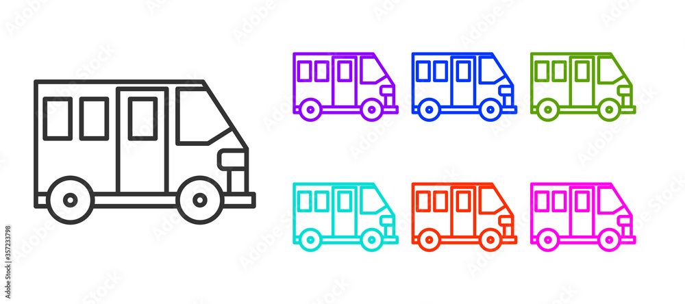 Black line School Bus icon isolated on white background. Public transportation symbol. Set icons colorful. Vector Illustration.