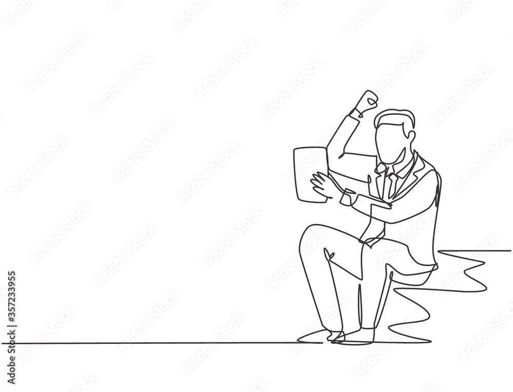 One single line drawing of young happy CEO holding a paper containing business contract agreement. Business deal celebration successful concept. Continuous line draw design graphic vector illustration