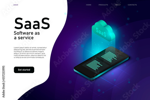 software as a service isometric illustration with 3d realistic smartphone, SaaS cloud. software cloud system