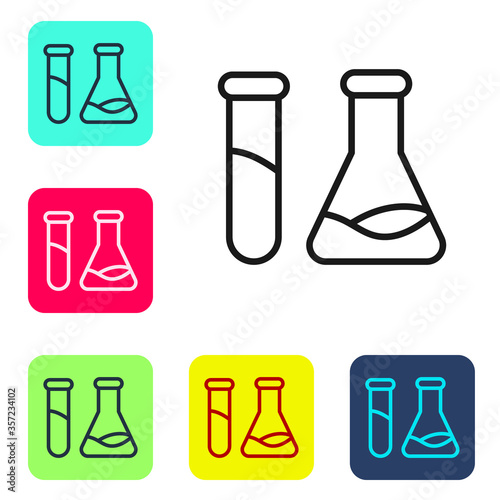 Black line Test tube and flask - chemical laboratory test icon isolated on white background. Laboratory glassware sign. Set icons in color square buttons. Vector Illustration.