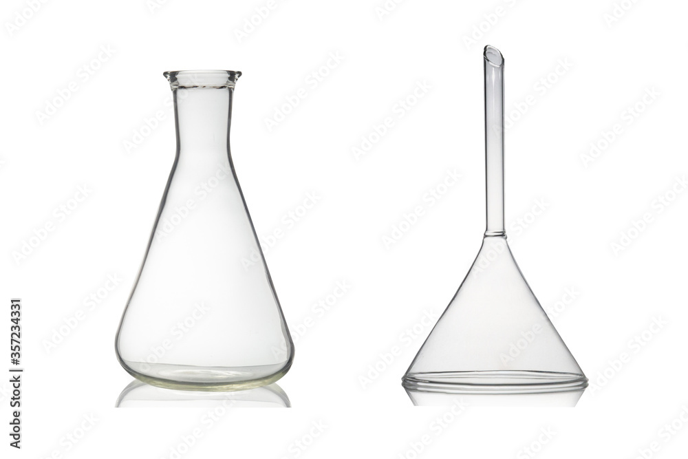 Group of laboratory glassware with reflection isolated on white background. Group of laboratory glassware with reflection isolated on white background.
