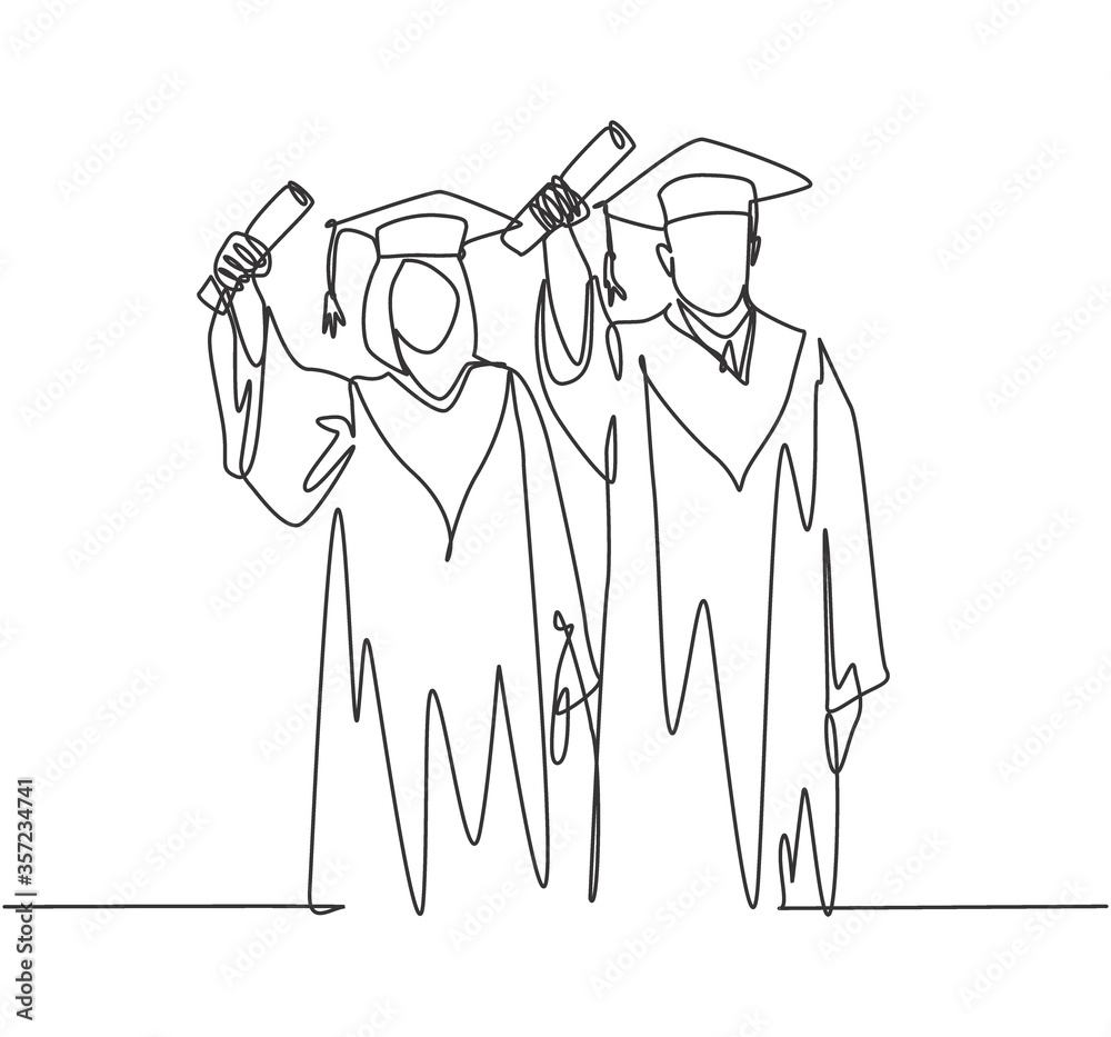 Fototapeta premium One continuous line drawing of young happy couple college student proud to show their graduation letter to celebrate their graduate. Education concept single line draw design vector illustration