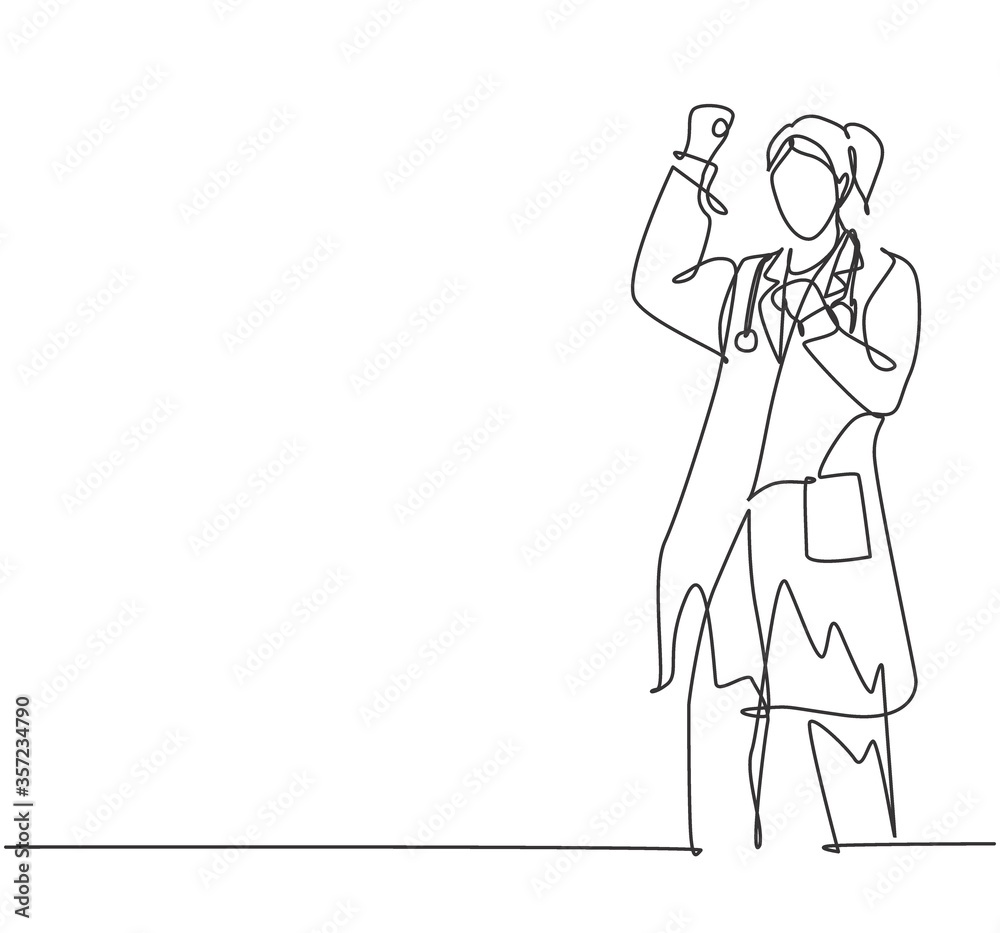 One single line drawing of young happy female doctor fist his hands to the air to celebrate his success treat the patient. Medical health care concept continuous line draw design vector illustration One single line drawing of young happy female doctor fist his hands to the air to celebrate his success treat the patient. Medical health care concept continuous line draw design vector illustration