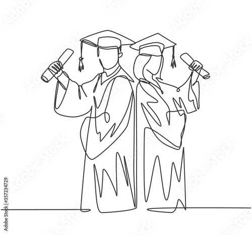 One continuous line drawing of young happy couple graduate college student hold paper and celebrate their graduation from university. Education concept. Single line draw design vector illustration