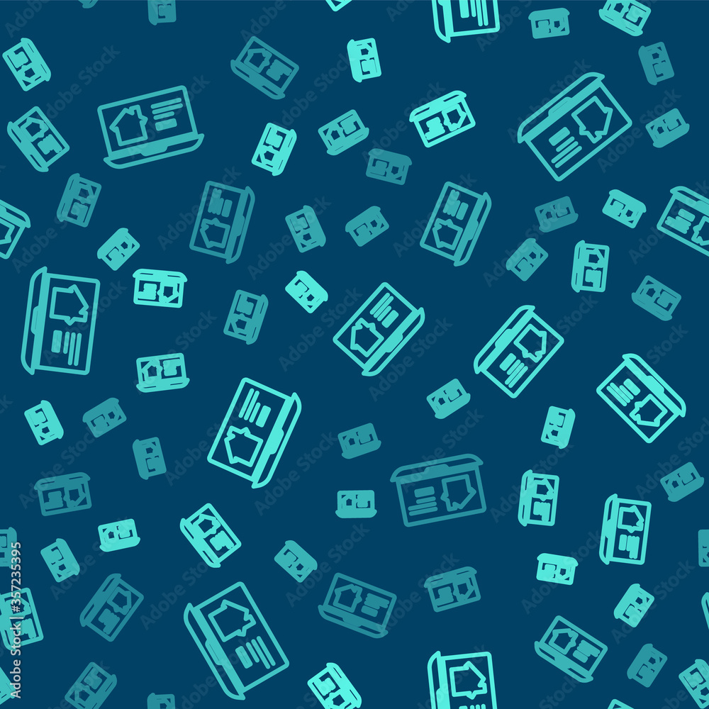 Green line Online real estate house on laptop icon isolated seamless pattern on blue background. Home loan concept, rent, buy, buying a property. Vector Illustration. Green line Online real estate house on laptop icon isolated seamless pattern on blue background. Home loan concept, rent, buy, buying a property. Vector Illustration.