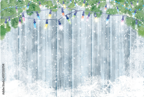 Vector wooden board covered by snow  and  decorated by fir branches  for Christmas design. Wnter background.