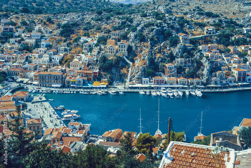 Fototapeta premium Panoramic view of the picturesque village on the Greek island of Symi, Dodecanese, Greece