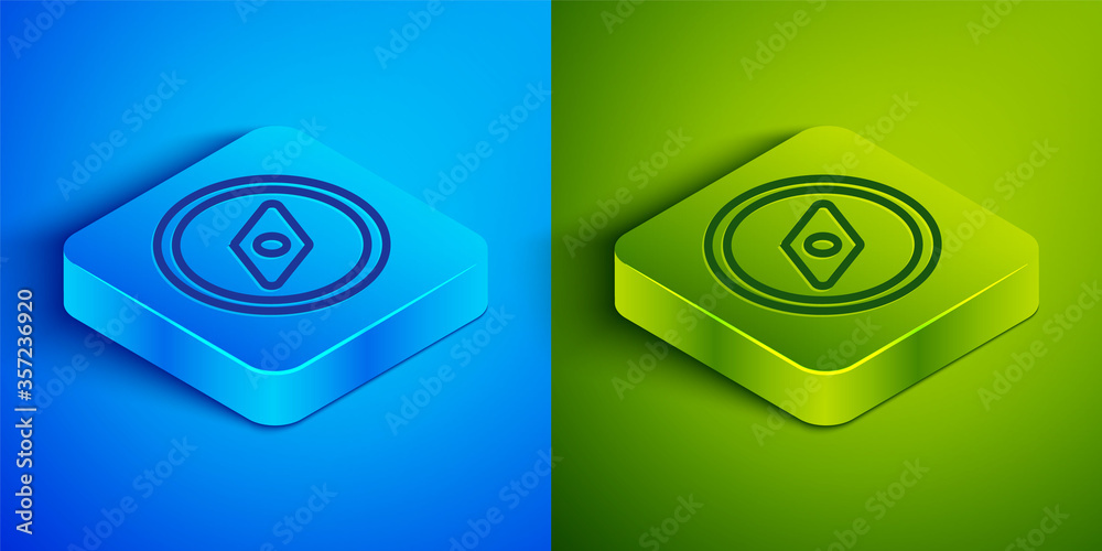 Isometric line Compass icon isolated on blue and green background. Windrose navigation symbol. Wind rose sign. Square button. Vector Illustration.