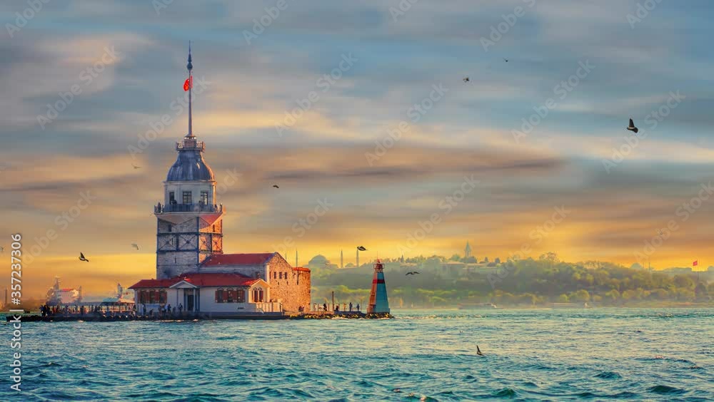 HD Timelapse of Istanbul Bosphorus Maiden's Tower Skyline and Busy Sea Traffic