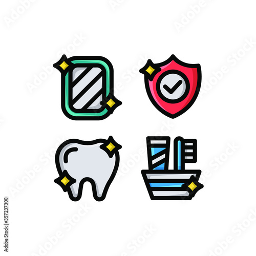 Hygiene icon set with Shield, Mirror, Tooth And Toothbrush, Vector Illustrations.