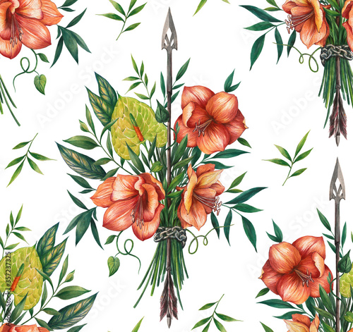 Watercolor floral pattern with tropical flowers and with an elve arrow and with a white background.