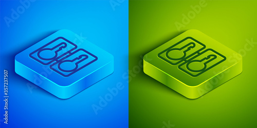 Isometric line Metal mold plates for casting keys icon isolated on blue and green background. Set for mass production and forgery of the keys. Square button. Vector Illustration.