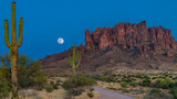 The moon rising over the Superstition Mountains with saguaro cactus in the foreground