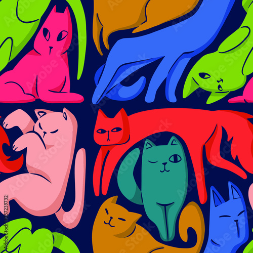 Pattern with lazy cats relaxing. Colorful cute characters on dark background