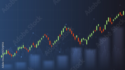 Abstract financial graph with up trend line candlestick chart in stock market on blue color background