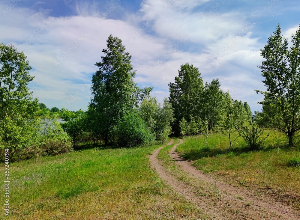 winding country road on a slope among the trees near the river against the blue sky with clouds on a sunny day