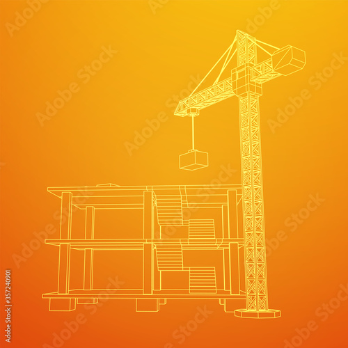 Building under construction with crane. Build house construct in process. Wireframe low poly mesh vector illustration