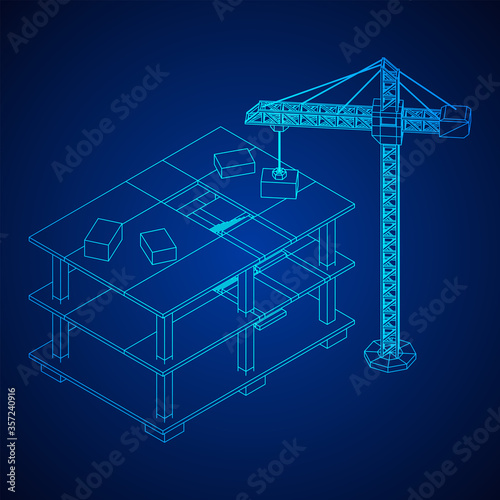 Building under construction with crane. Build house construct in process. Wireframe low poly mesh vector illustration