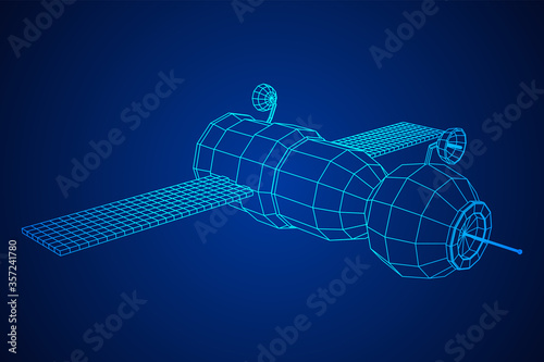 Space station communications satellite. Wireframe low poly mesh vector illustration.