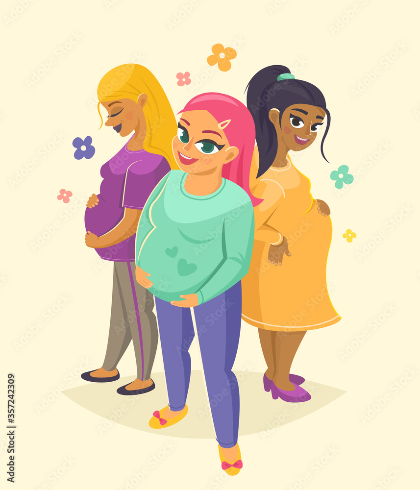 Three smiling pregnant women vector illustration