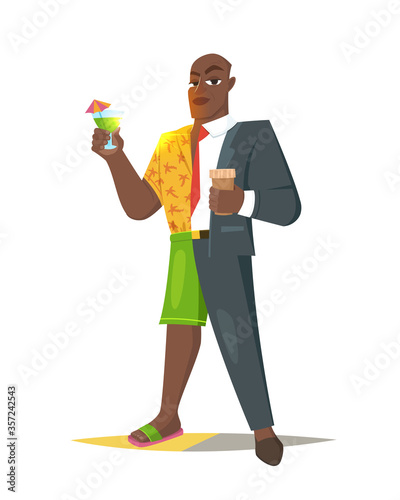Young man dressed in half in an office suit and beach swimming trunks. Vector illustration