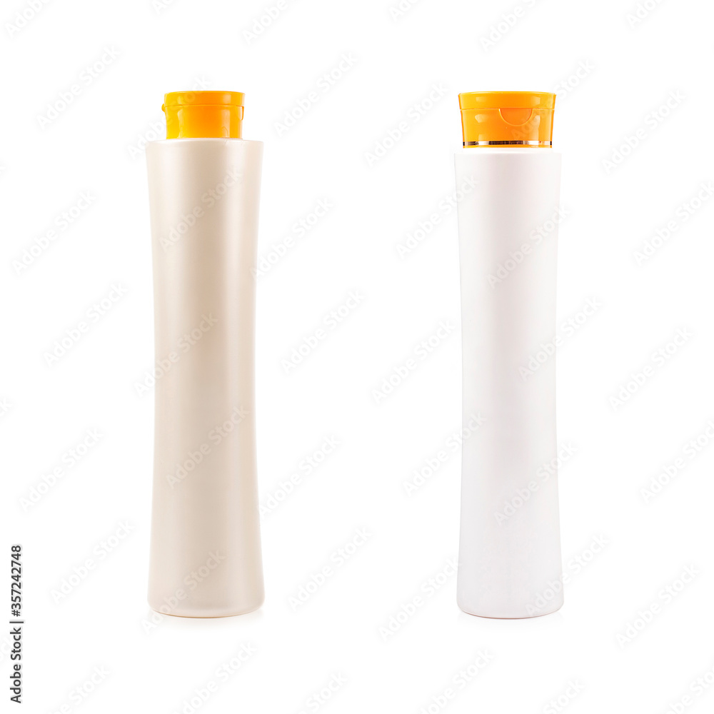Composition with plastic bottl of body care on white background