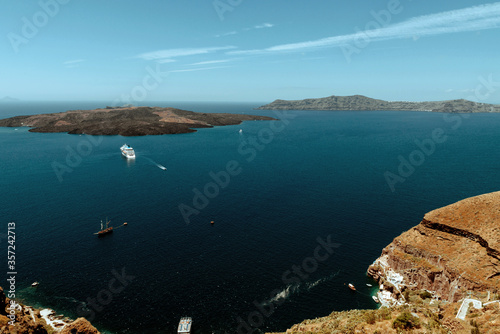 Scenic sea view from seaside cafe on Santorini island  Greece.