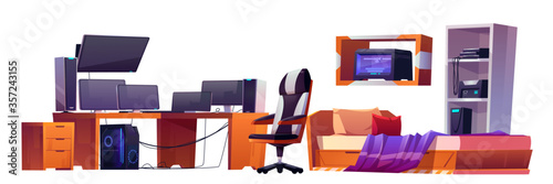 Bedroom interior of gamer, programmer or streamer. Vector cartoon set of furniture in teenager room with computer monitors on desk, chair, unmade bed and printer on shelf isolated on white background