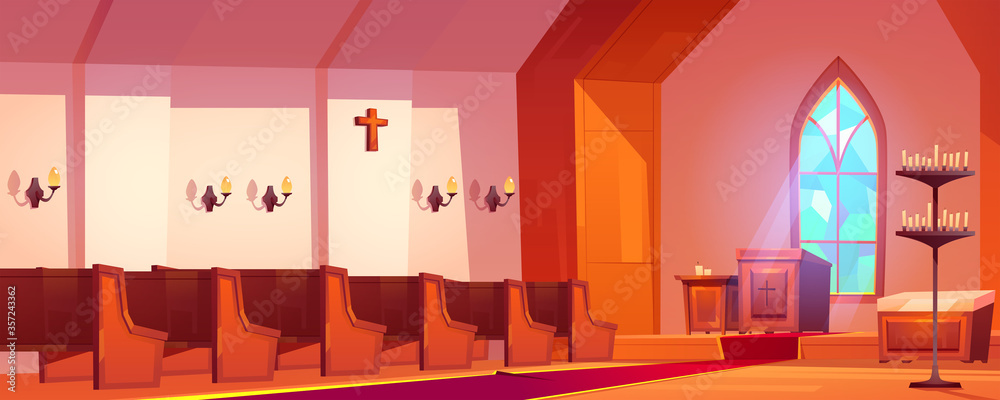 Catholic church interior with altar, wooden benches, tall arch window and candles. Vector cartoon illustration of cathedral inside, old room for religious praying with pulpit for priest - obrazy, fototapety, plakaty 